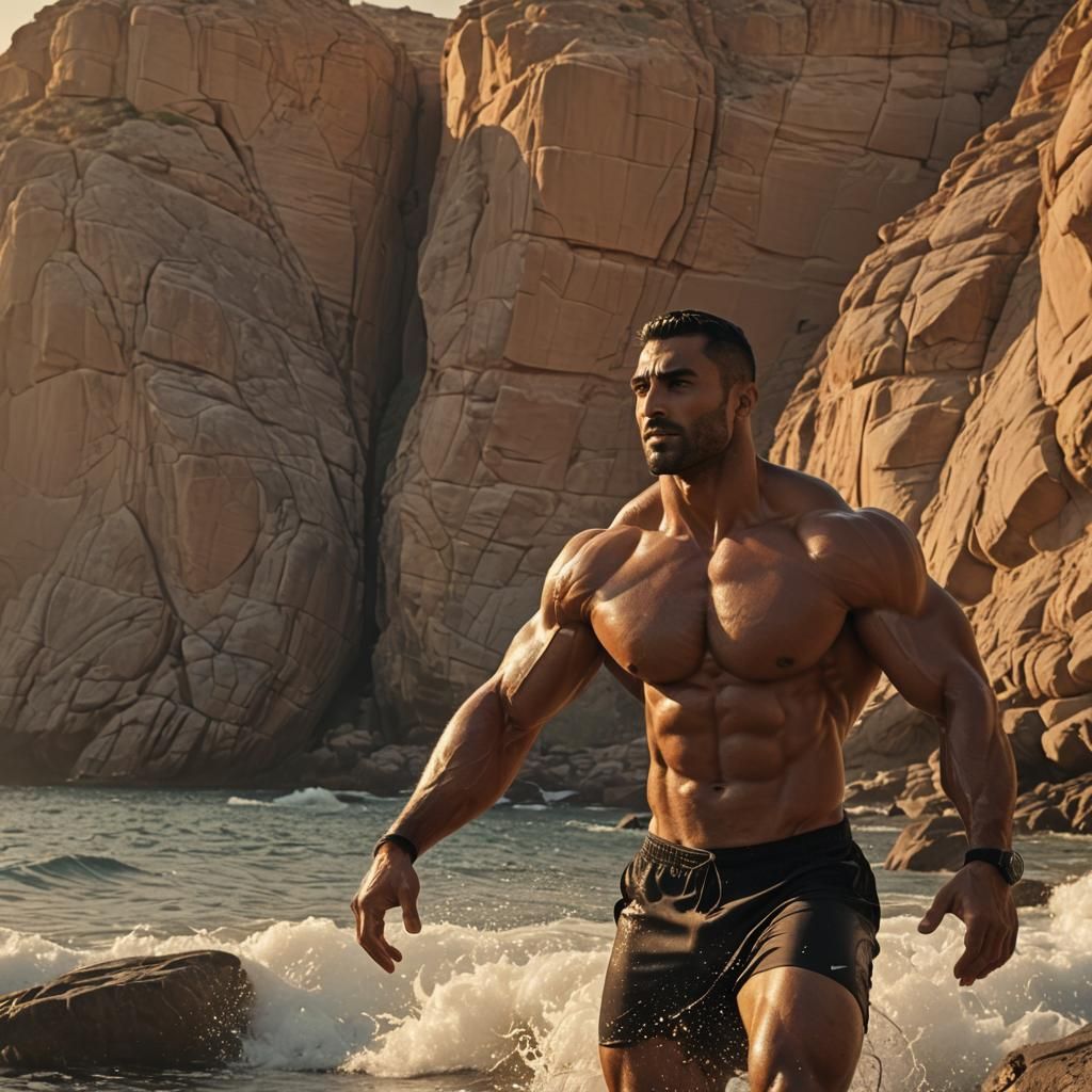 Triumphant Arab Bodybuilder on Rocky Coastline