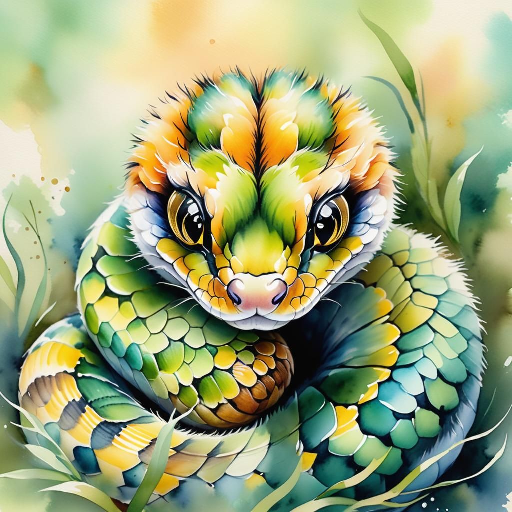 Watercolor of Adorable Furry Baby Snake