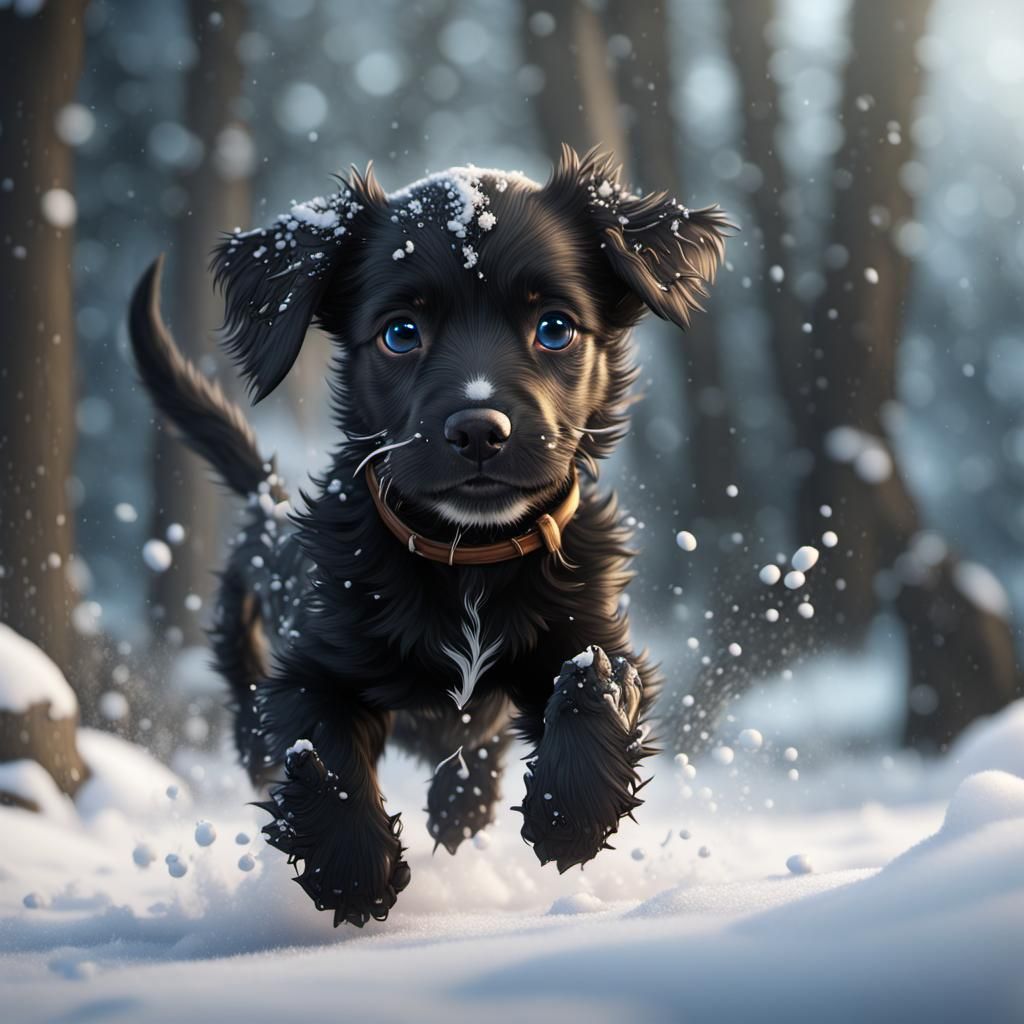 Cute Black Puppy Running in Snowy Fantasy Landscape