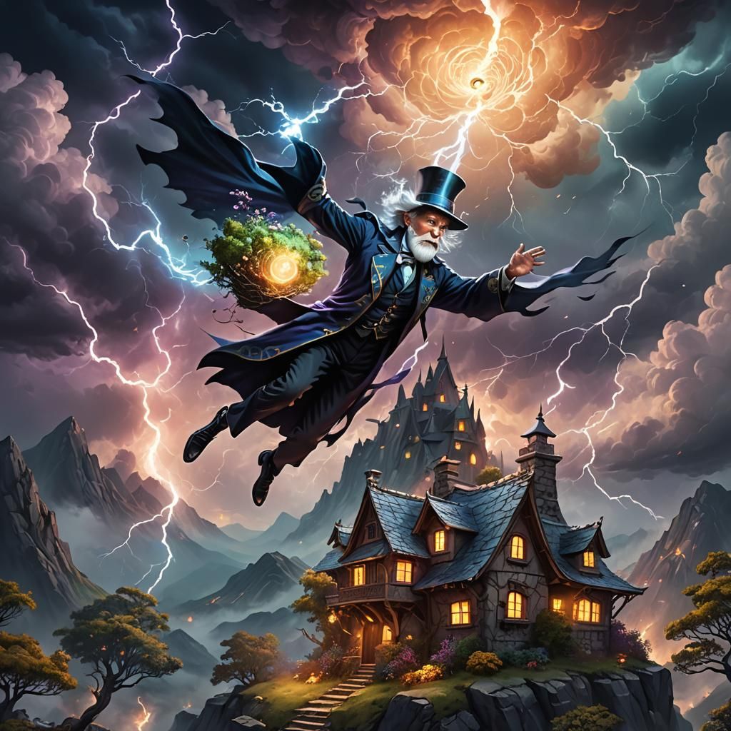 Magician on Magic Bush in Stormy Night Landscape