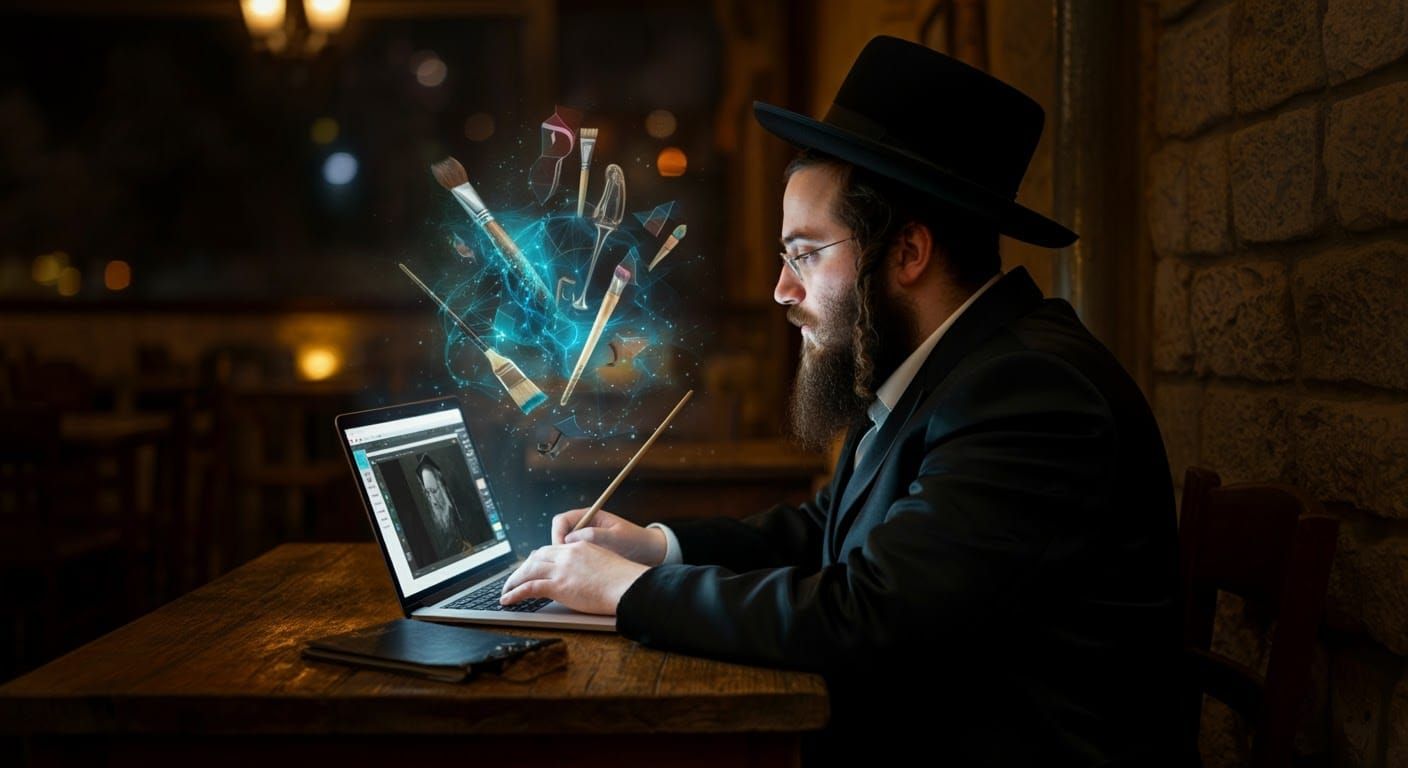 A Hasidic Man in Harmony with Traditional and Digital Art