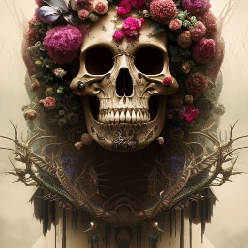 Punk Rock Tree Skull with Rainbow Flowers