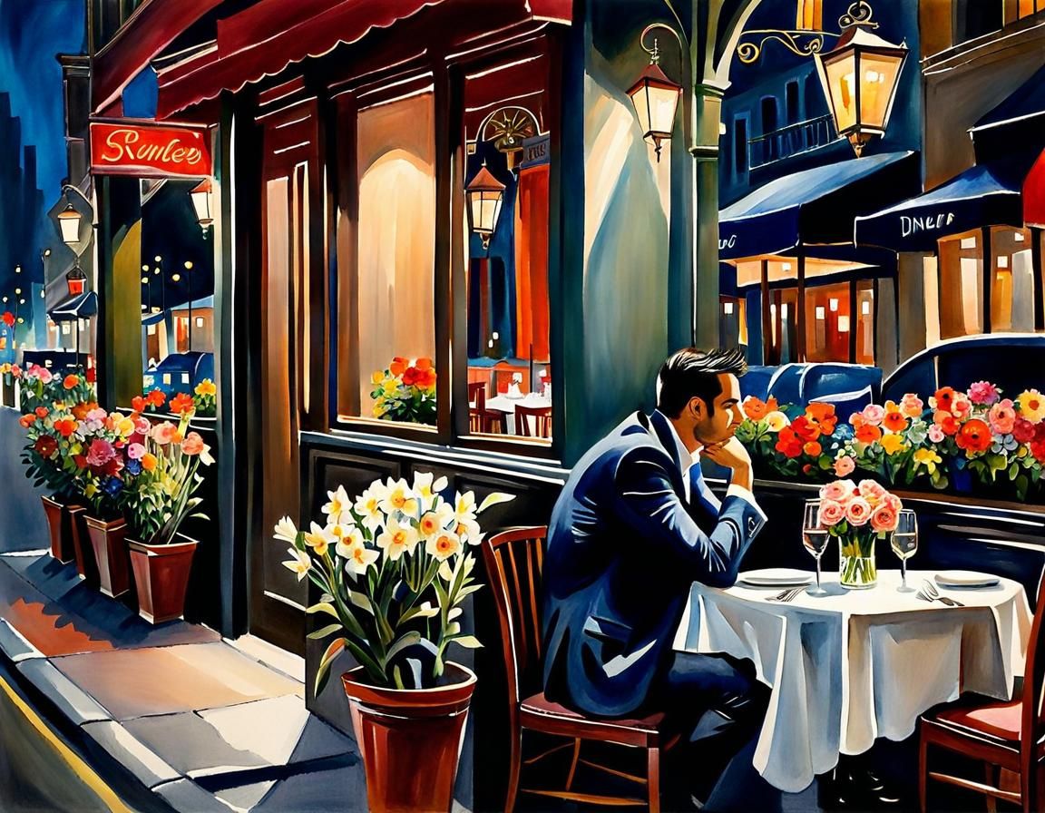 Man Waiting With Flowers: Watercolor Restaurant Scene