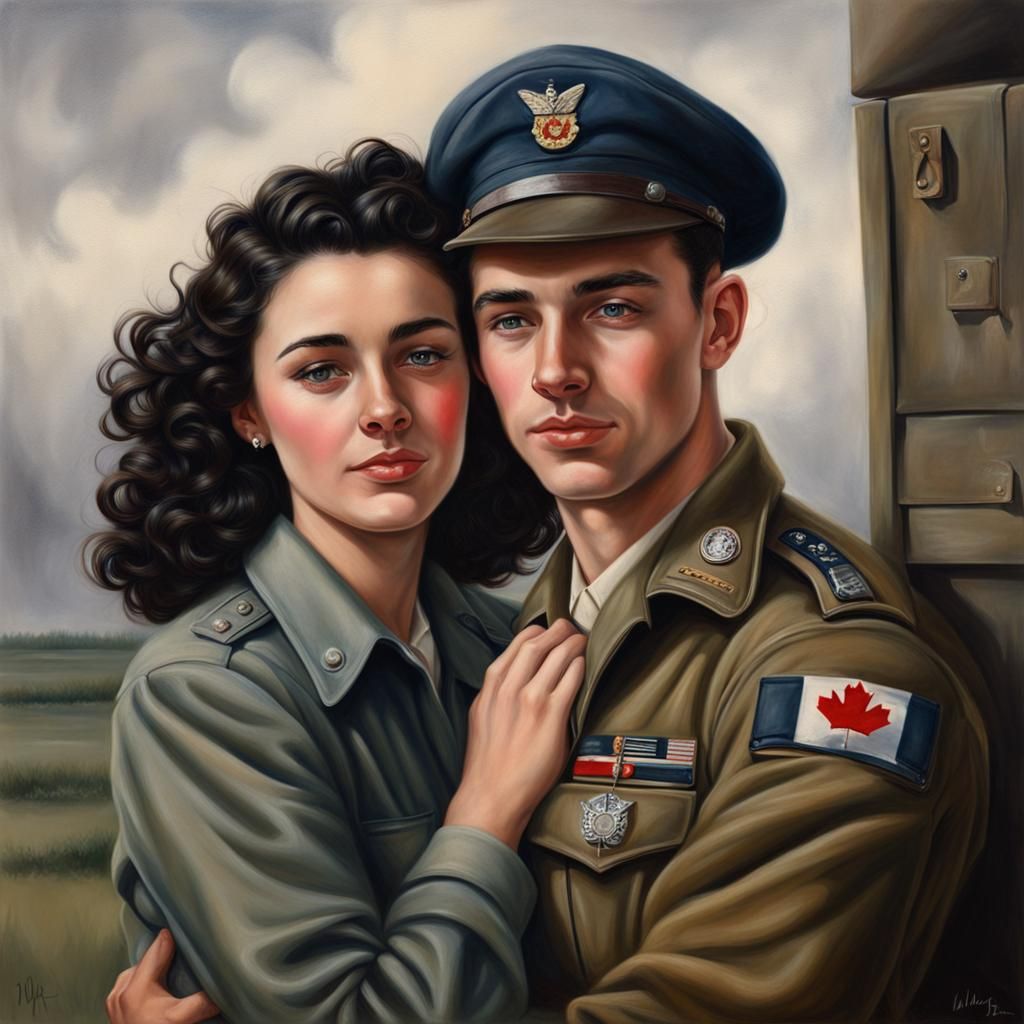 WWII Soldier Portrait with Wife, Realistic Painting