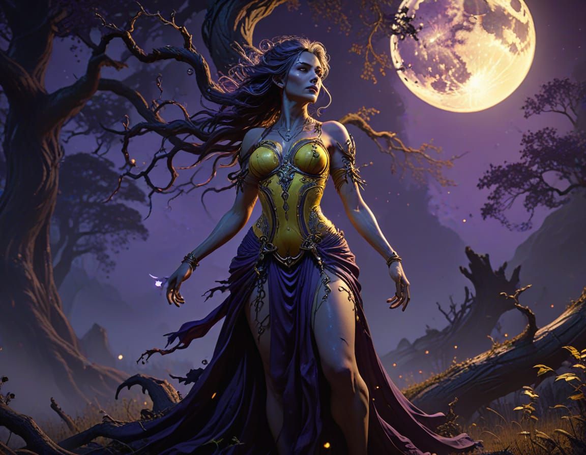 Ethereal Forest Hag Illuminated by a Sickly Yellow Moon