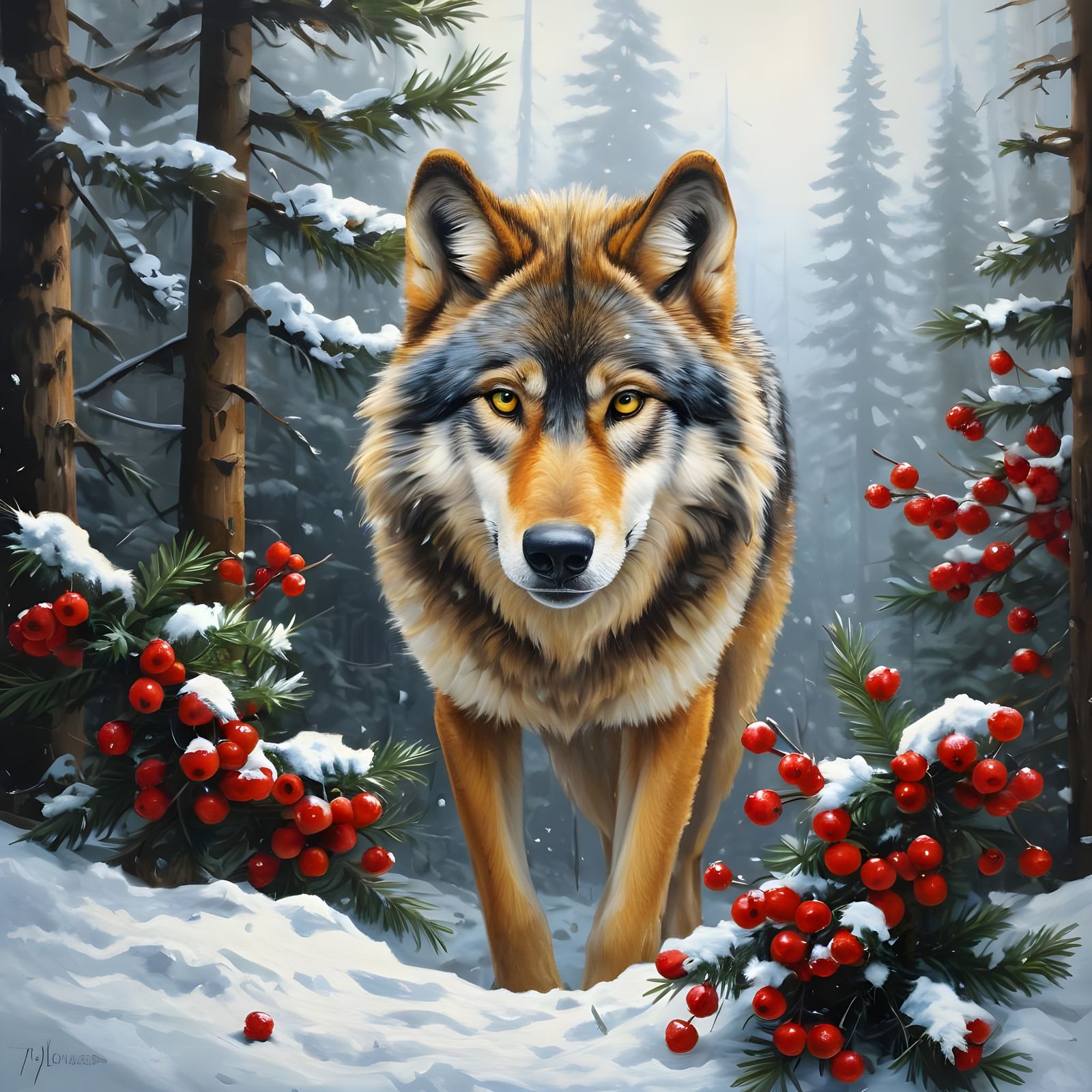 Majestic Timber Wolf in Snowy Forest Oil Painting