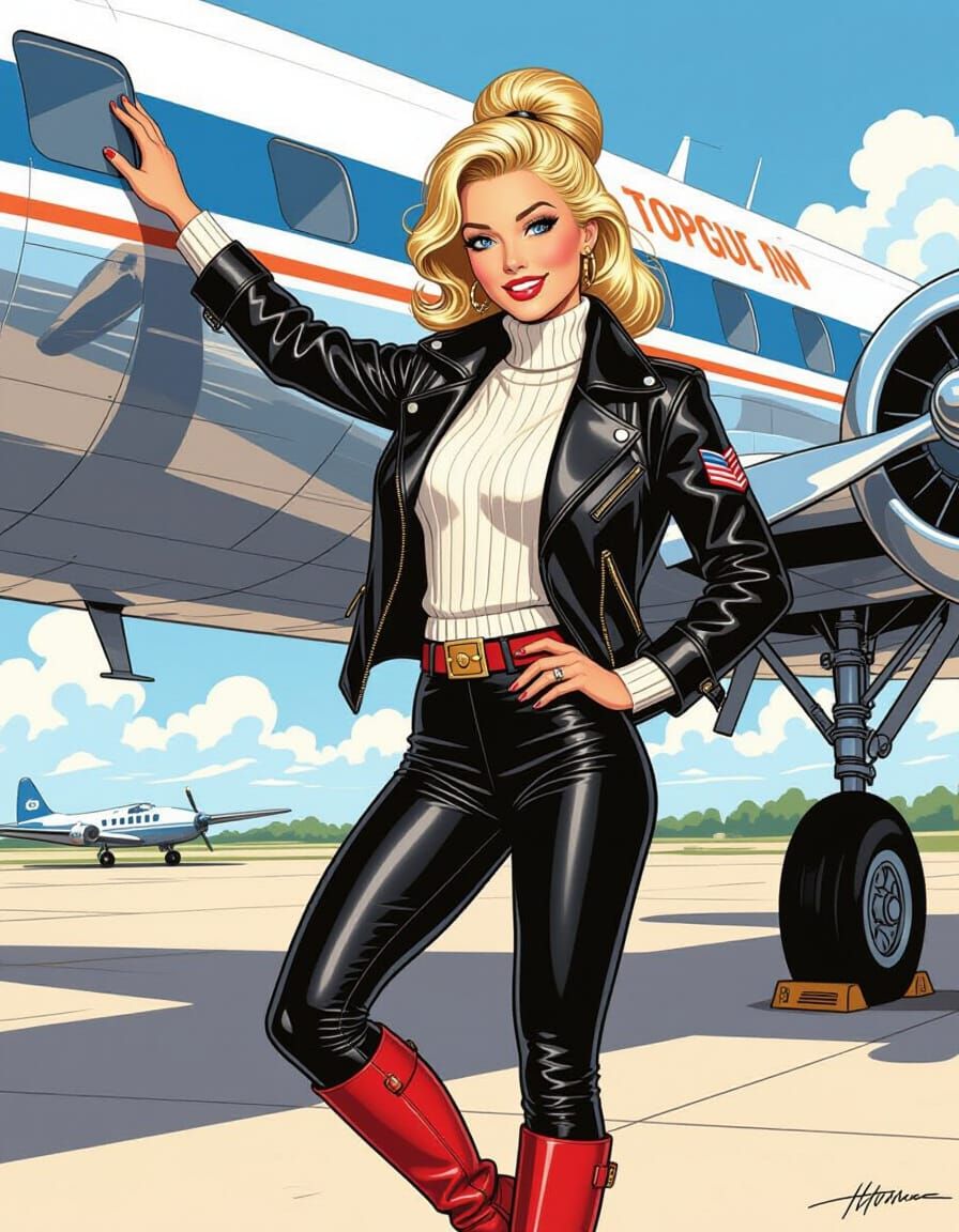 Retro Comic Art: Alluring Pilot Beside Classic Airliner