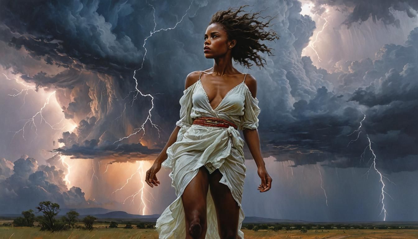 African Woman in Storm, Classic Illustration Style