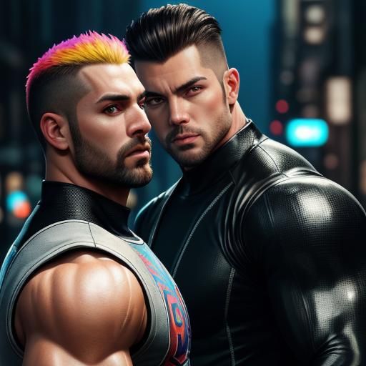 Two Handsome Men in Black Jumpsuits: Hyperrealistic Street S...