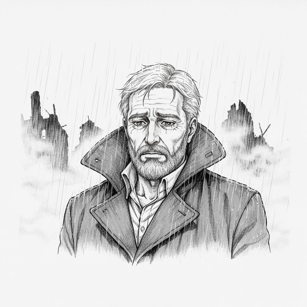 Sad Italian Man in Fog - Detailed Manga Sketch