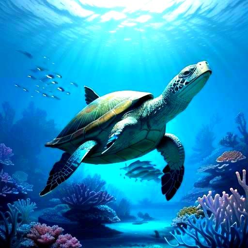 Sea Turtle in Coral Reef: 3D Anime Art