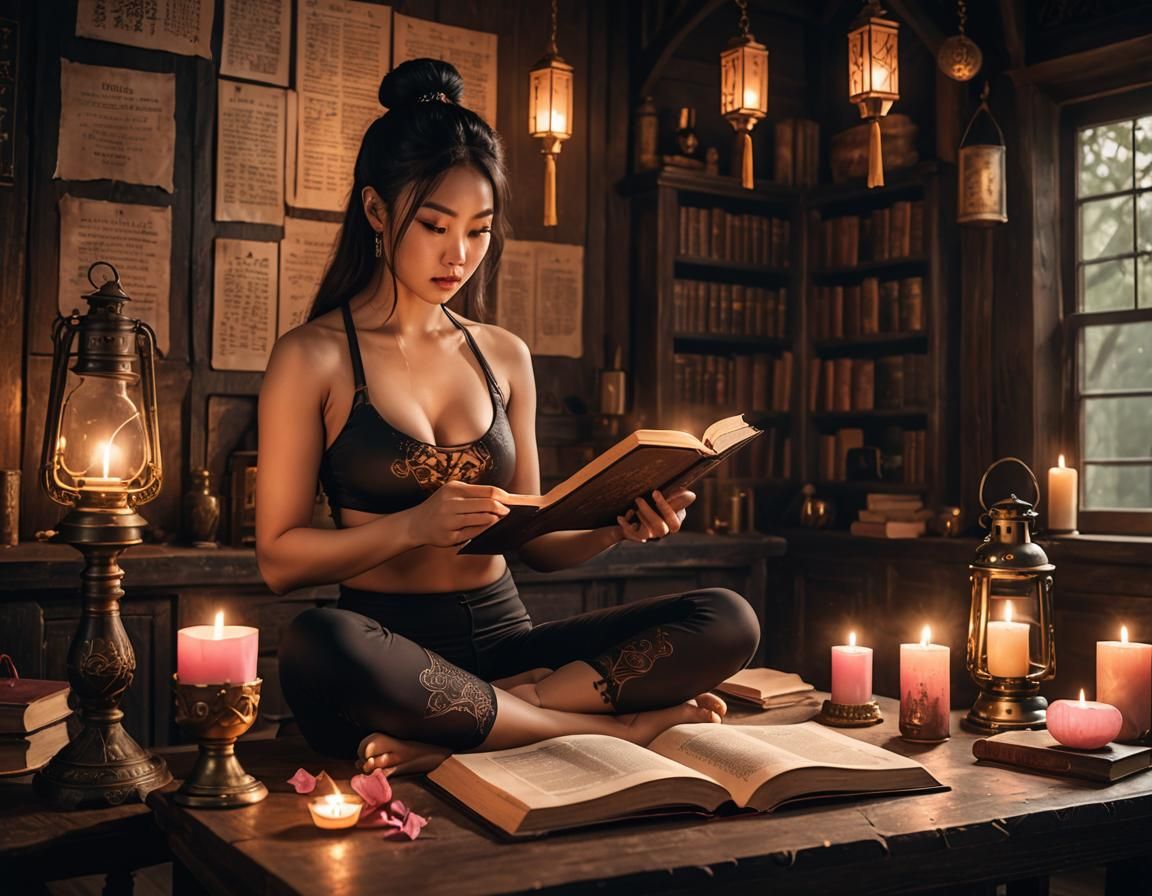 Mystical Asian Woman Reading Spell Book in Candlelight