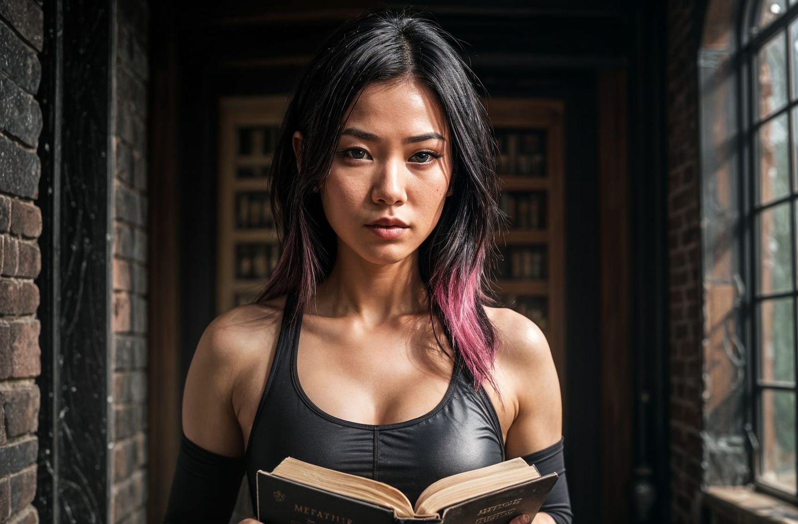 Asian Goth Witch Reads Ancient Spellbook