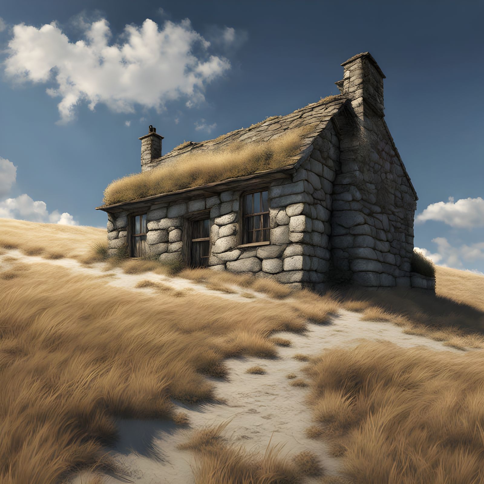 Ancient Stone Tower on Grassy Hill Under Azure Sky