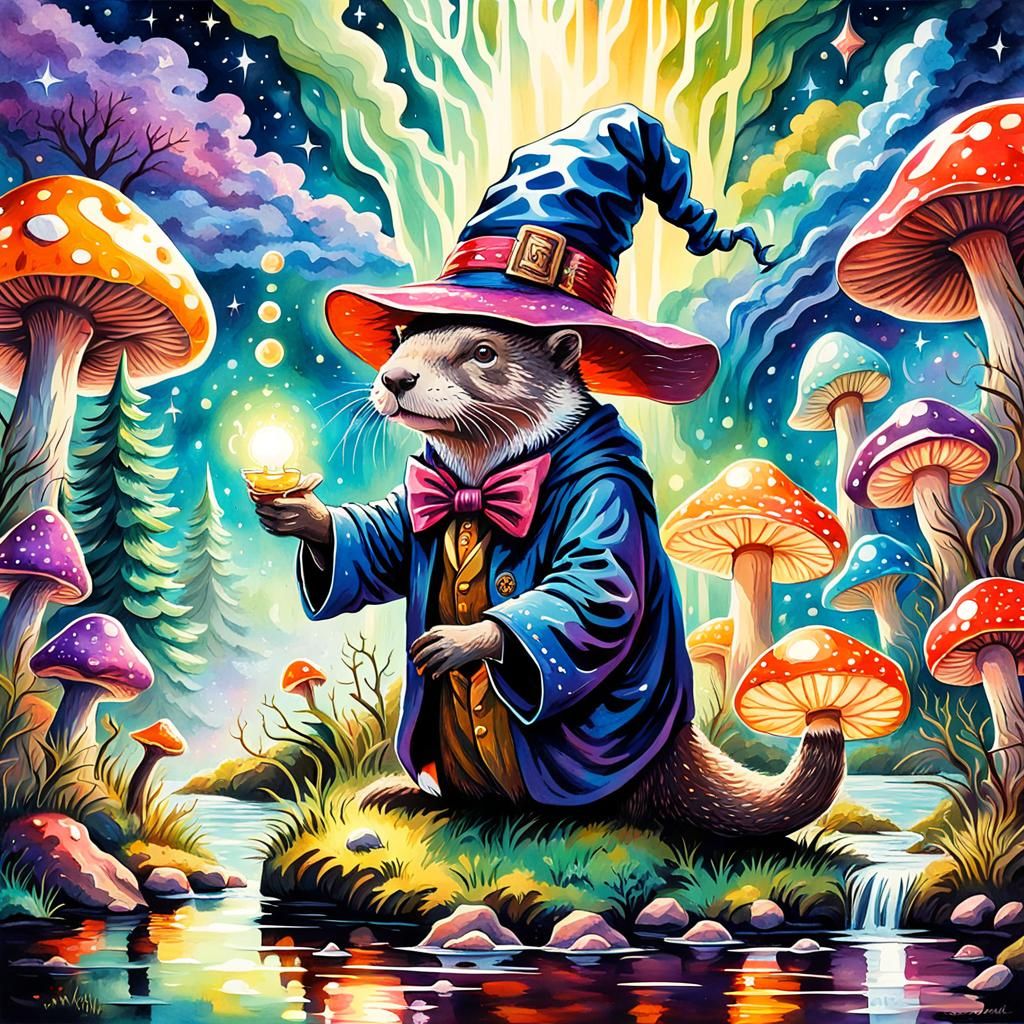 Otter Magician in a Cosmic Mushroom Forest