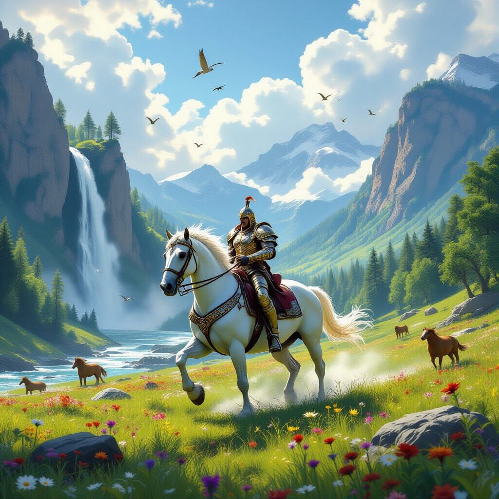 Majestic Warrior on White Horse in Epic Fantasy Landscape
