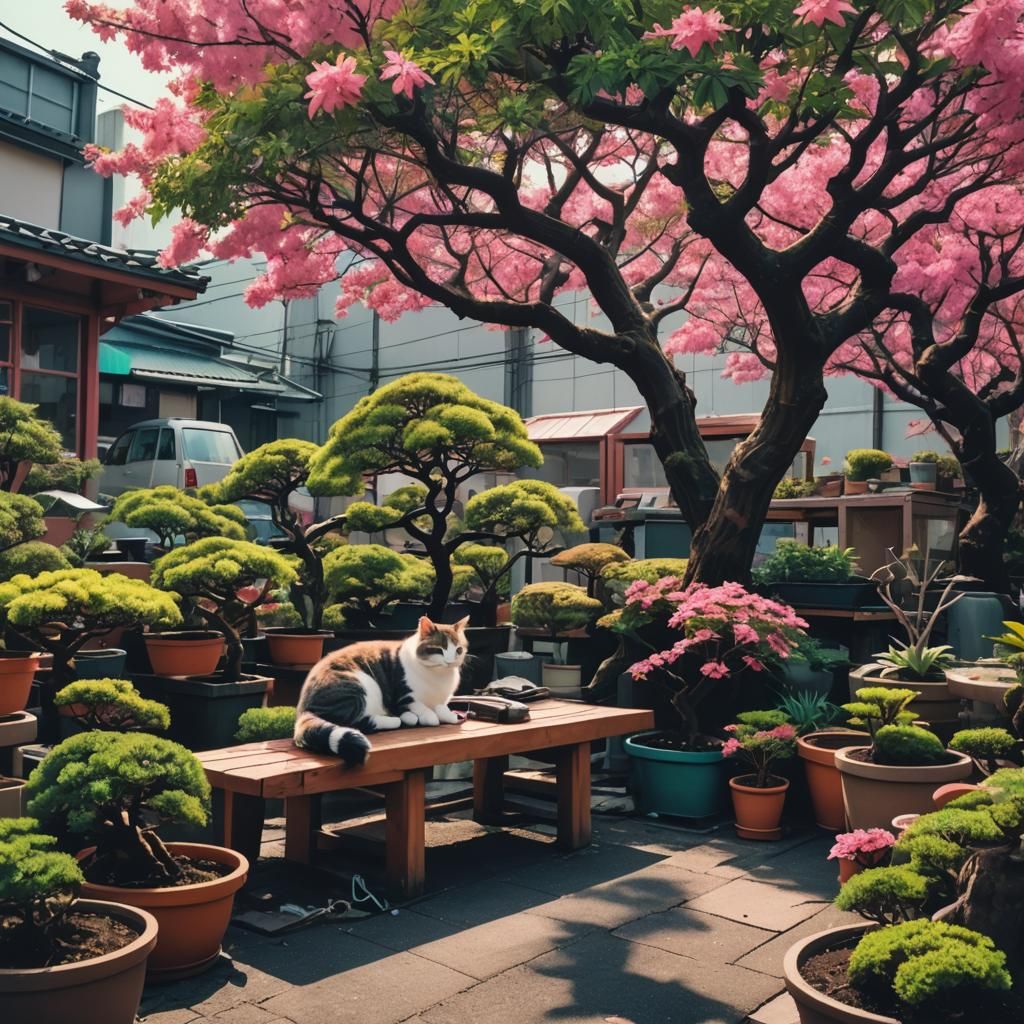 Cat Nap in Tokyo Bonsai Garden: Synthwave Neon