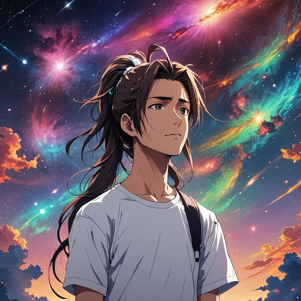 Anime Man with Universe Sky Background