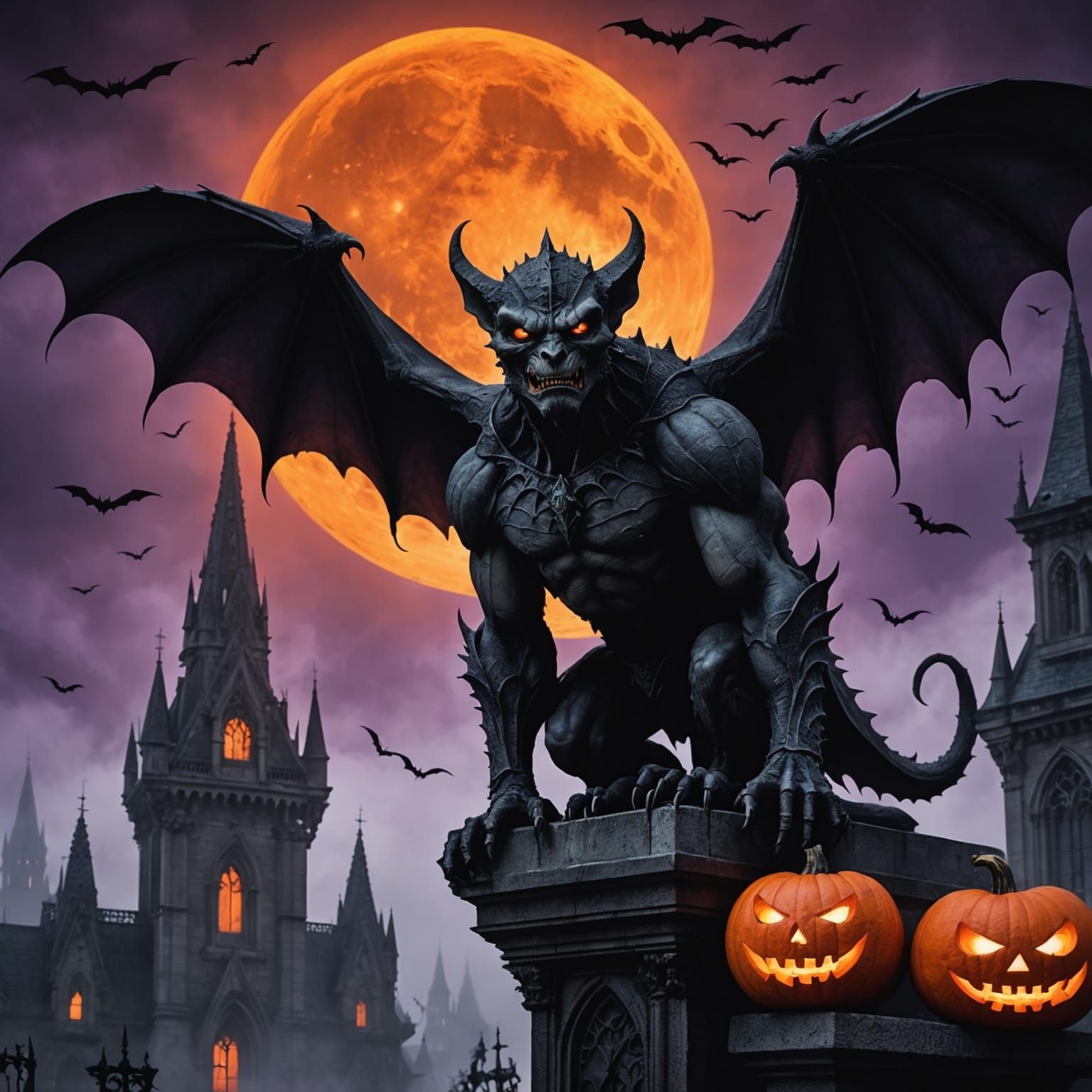Gargoyle of the Halloween Moon: Gothic Dark Fantasy Art