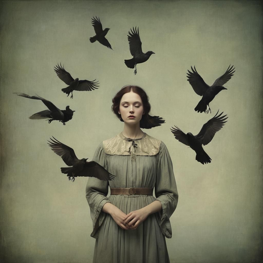 Ethereal Woman Confronted by Ravens, Dark Art