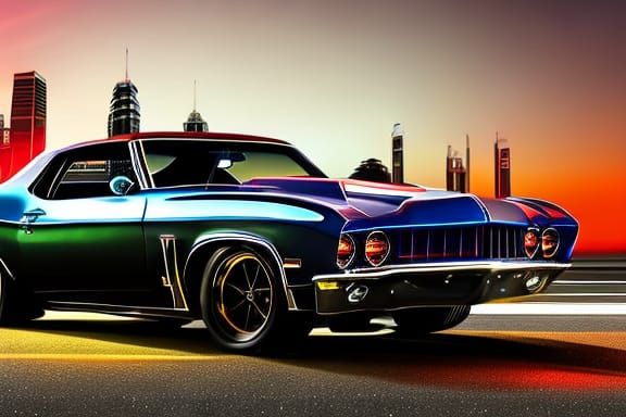 Flaming Muscle Car Under Neon Cityscape