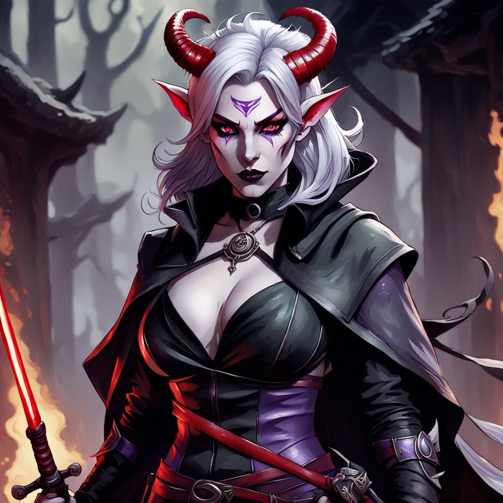 Tiefling Wielding a Smoking Katana