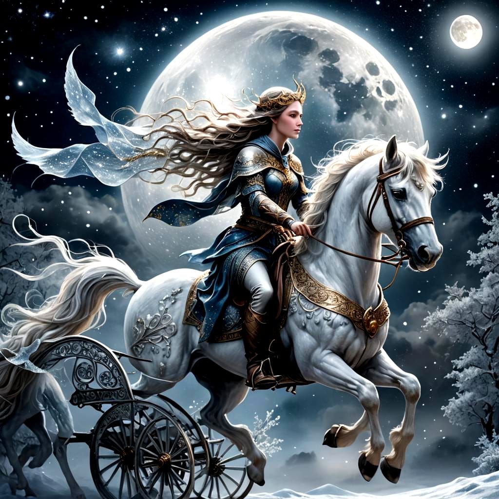 Icy Midnight: Moon Goddess Rides the Night