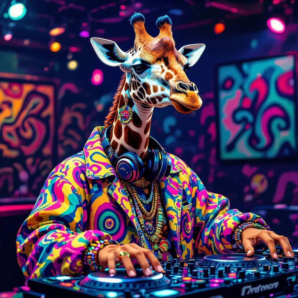Giraffe DJ Spins Tracks in Nightclub Art