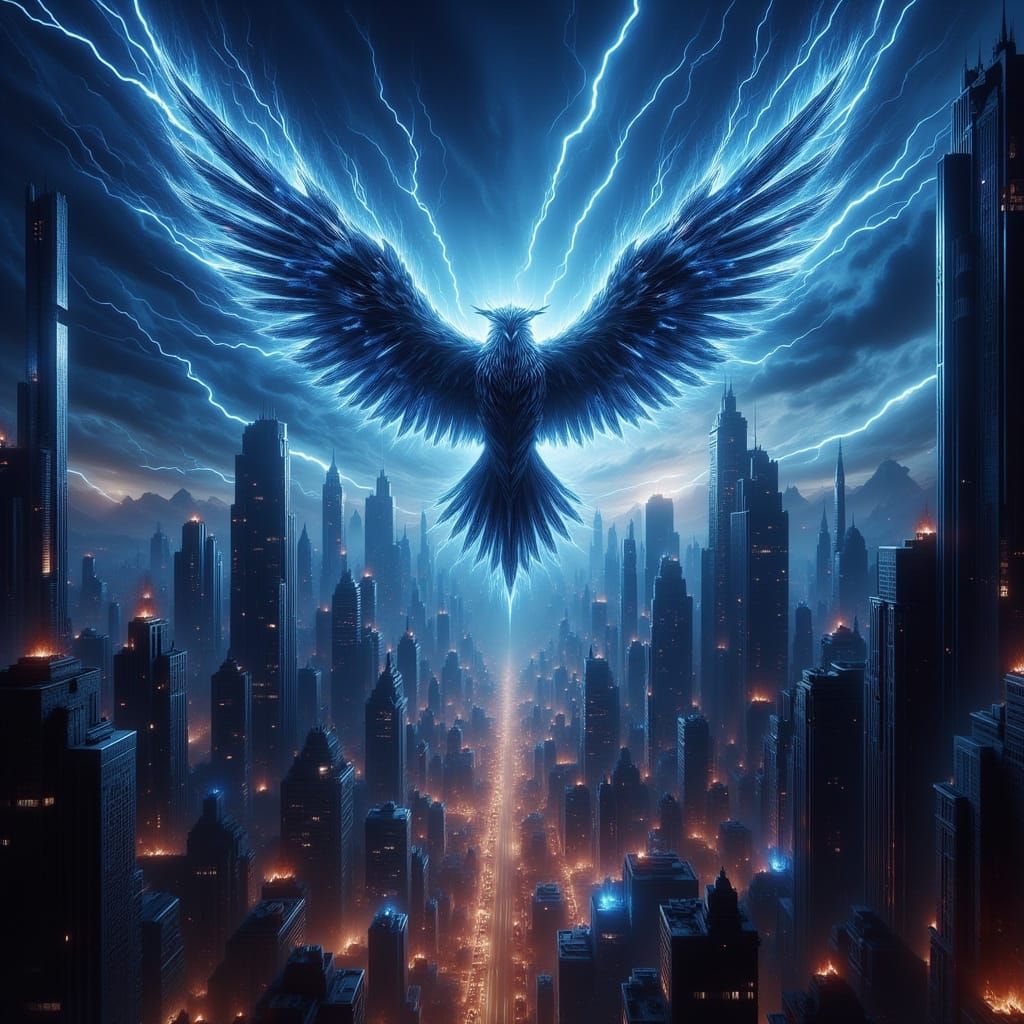 Majestic Thunderbird Soars Over Futuristic Metropolis