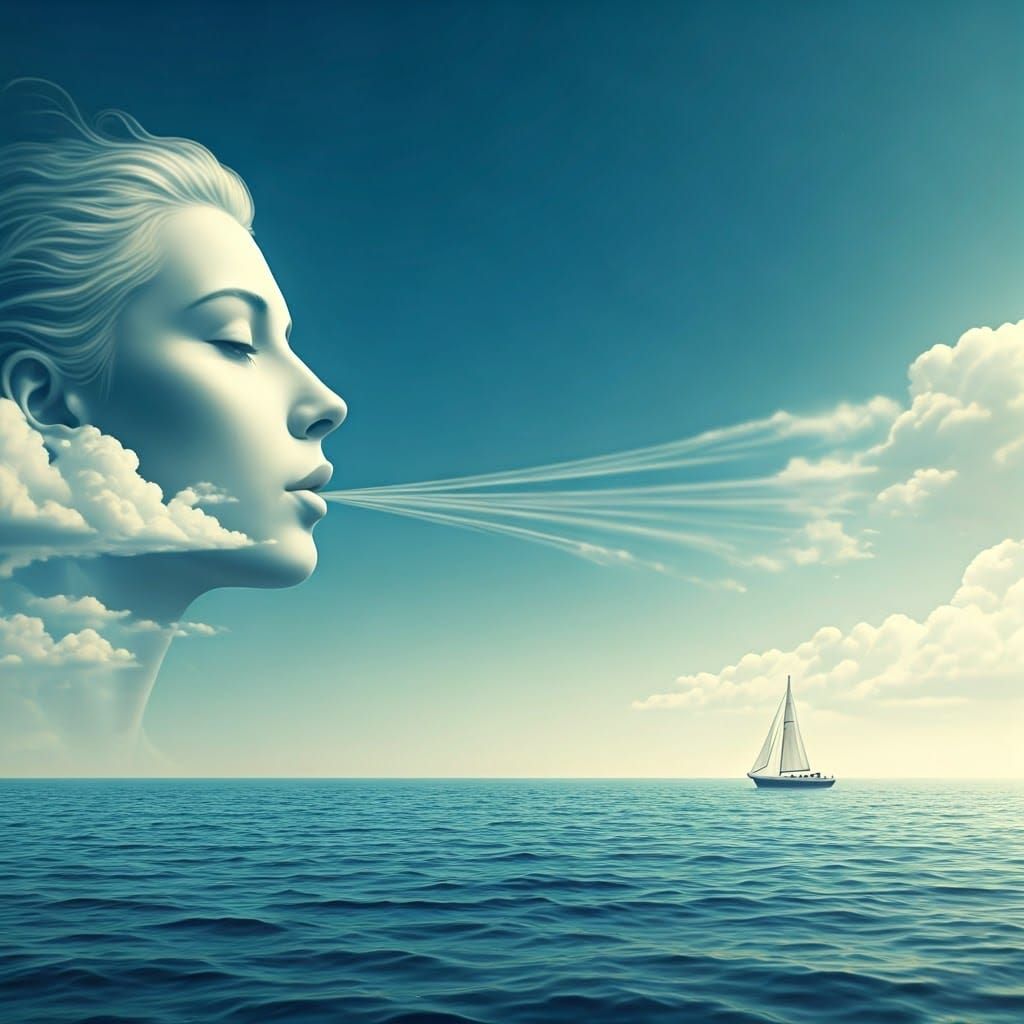 Ethereal Face Blows Sailboat Across Cerulean Sea