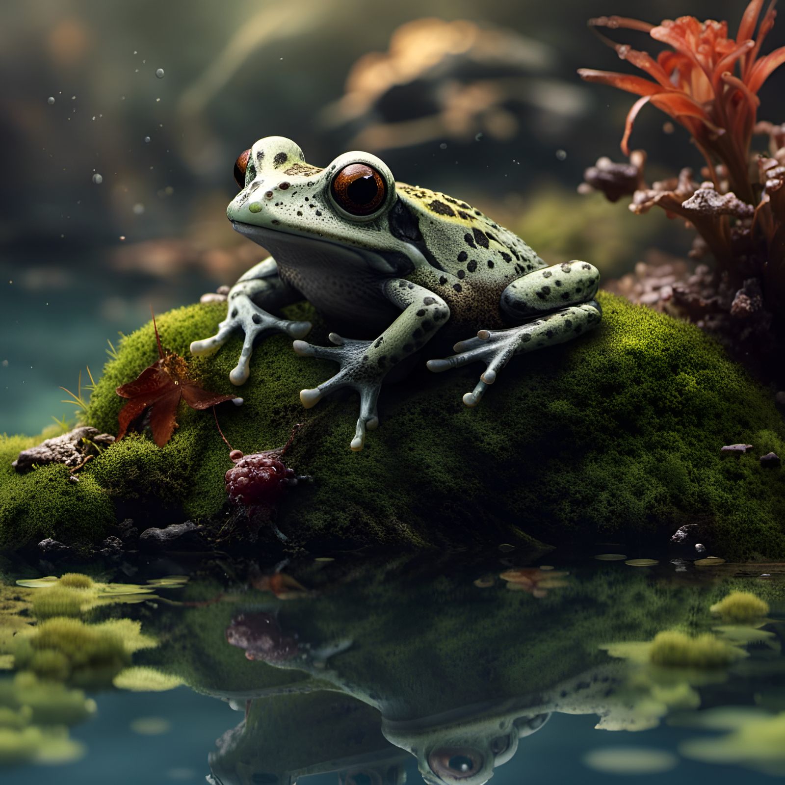 Vietnamese Mossy Frog on Skull in Mountain Pool