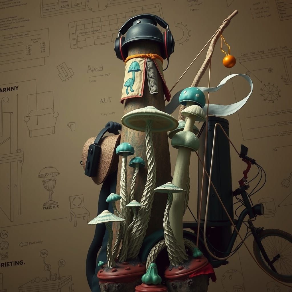 Luminous Fungal Metropolis in Whimsical Linocut Style