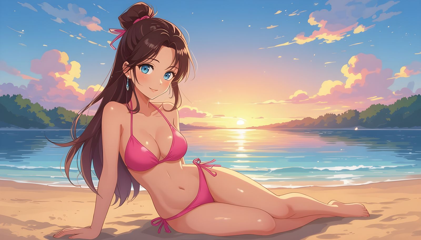 Woman in Pink Bikini at Sunset: 2D Manga Style