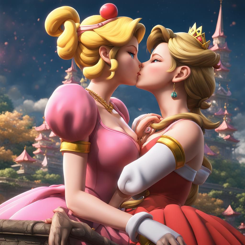 Princess Peach and Mai Shiranui Kissing