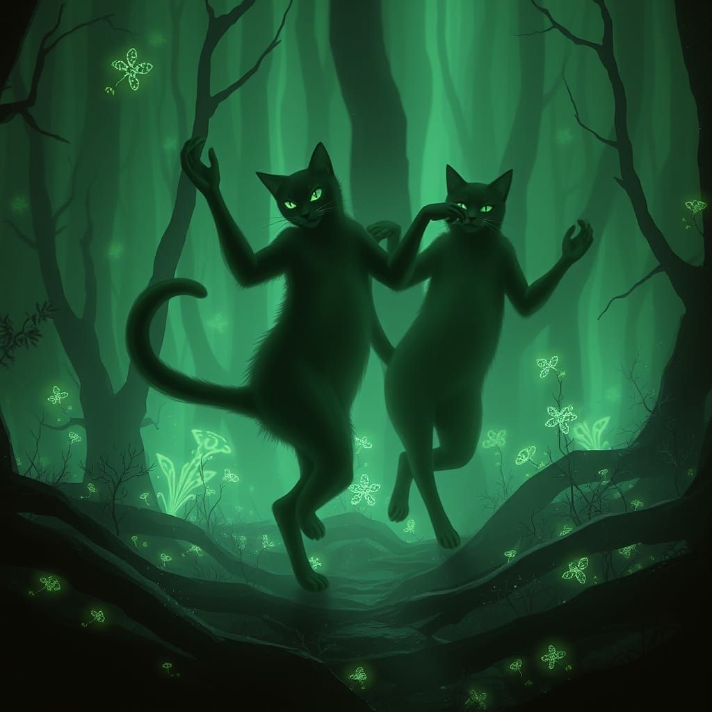 Bioluminescent Forest Dance of Spectral Cats