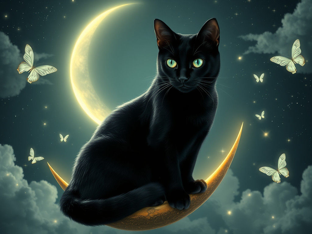 Mystical Black Cat on Crescent Moon in Film Noir