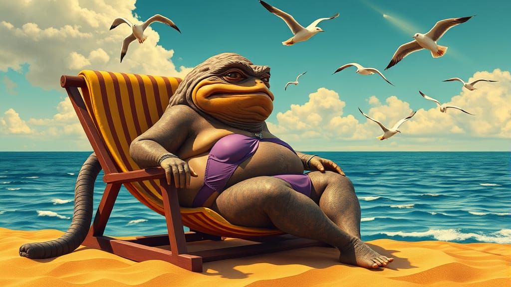 Jabba the Hutt in Bikini on Beach, Klimt Style