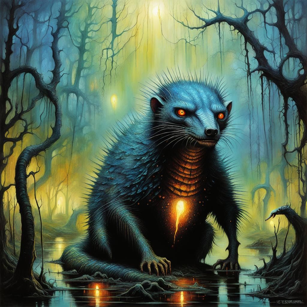 Mongoose Monster in Miasmal Swamp, Beksinski Style
