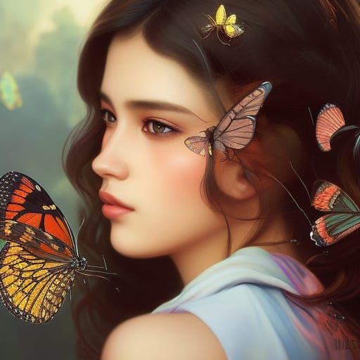Mexican Girl Portrait with Giant Butterfly in Art Nouveau St...