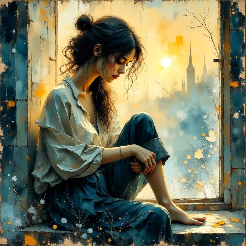 Melancholy Morning Portrait in Blue, Cream, and Gold