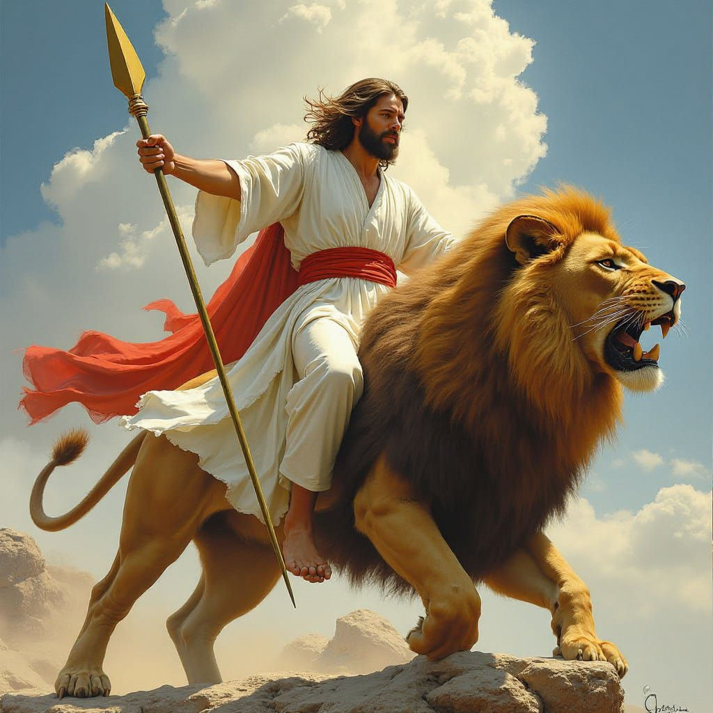 Jesus Riding a Lion with Golden Spear