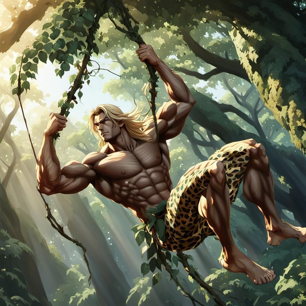 Tarzan Swinging Through Jungle in Anime Art Style