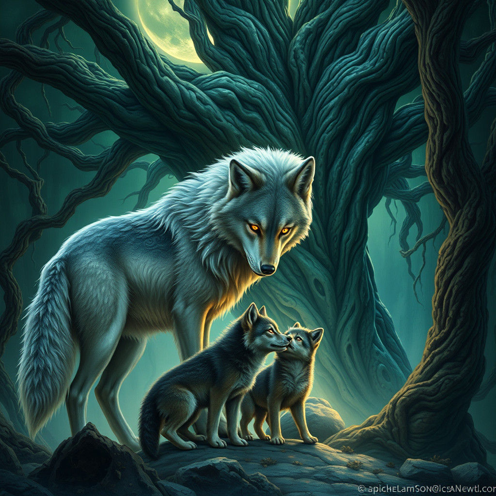 Majestic Moon Wolf Defends Cubs in Mystical Forest
