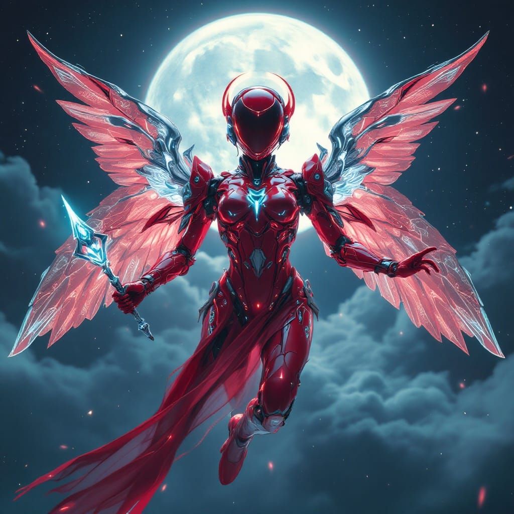 Ethereal Mecha Angel with Bioluminescent Suit and Silver Win...