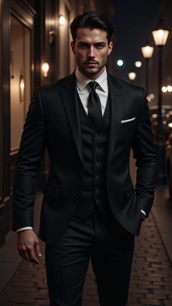 Striking Italian Man in Black Suit on Upper East Side