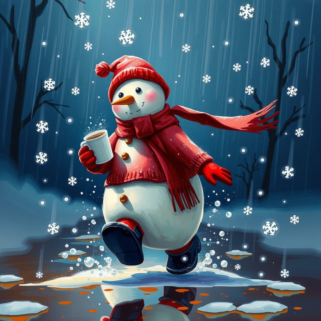 Vibrant Snowman in a Fierce Winter Storm, in a Post-Impressi...