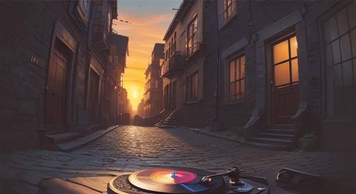 Vinyl Record on Cobblestone Street at Sunset