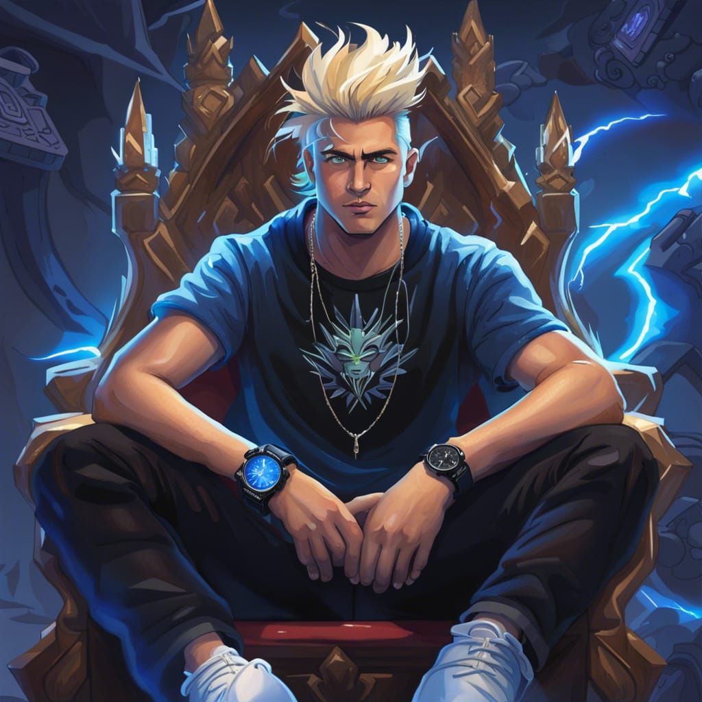 Gigachad on Throne in Cyberpunk Cityscape