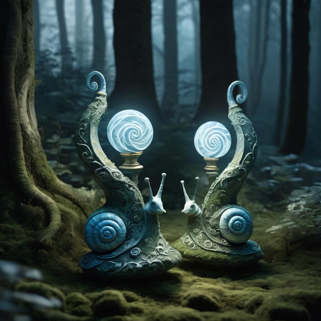 Enchanting Snail Lamps in Moonlit Forest: Fantasy Art