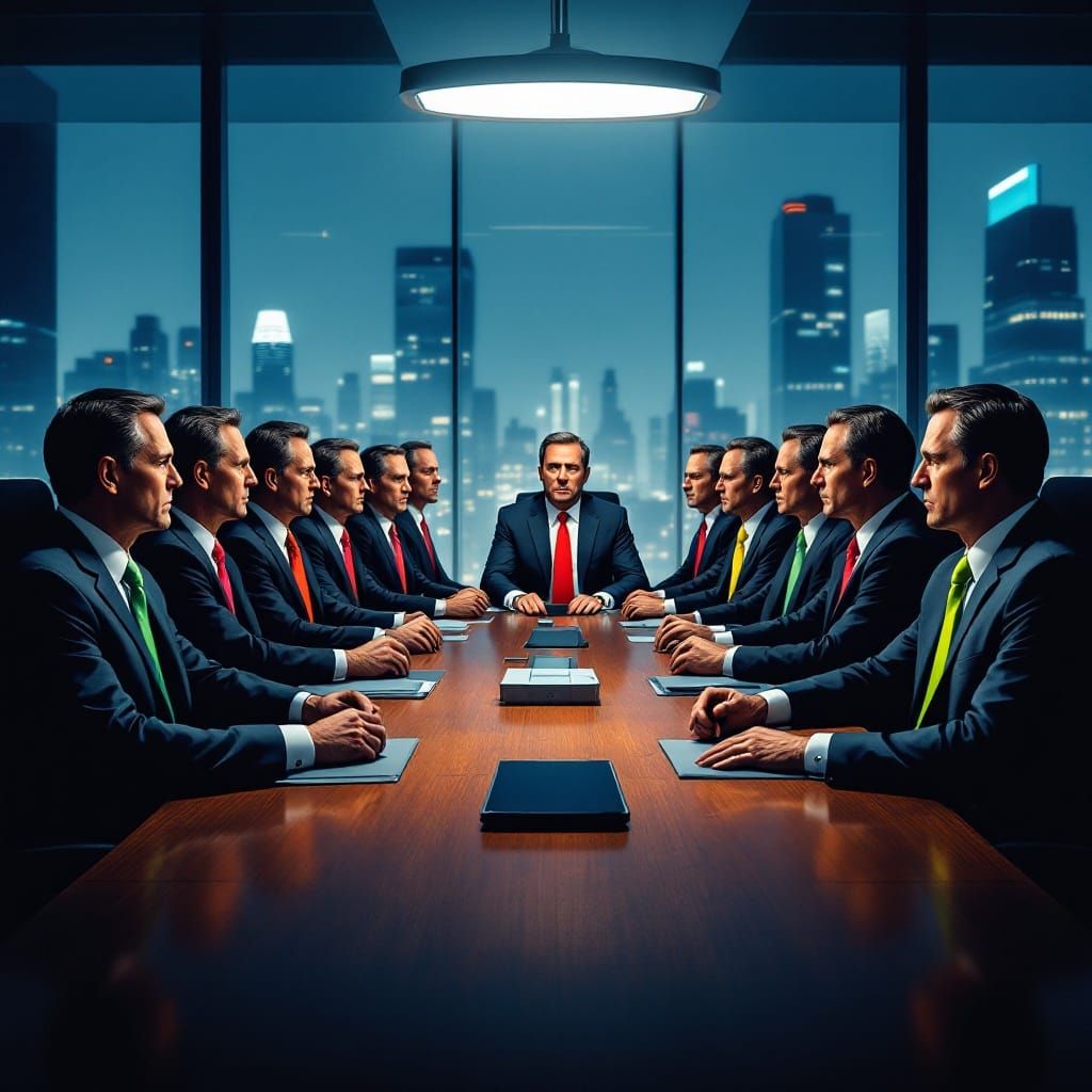 Corporate Insiders in Diverse Attire Gather in Futuristic Bo...